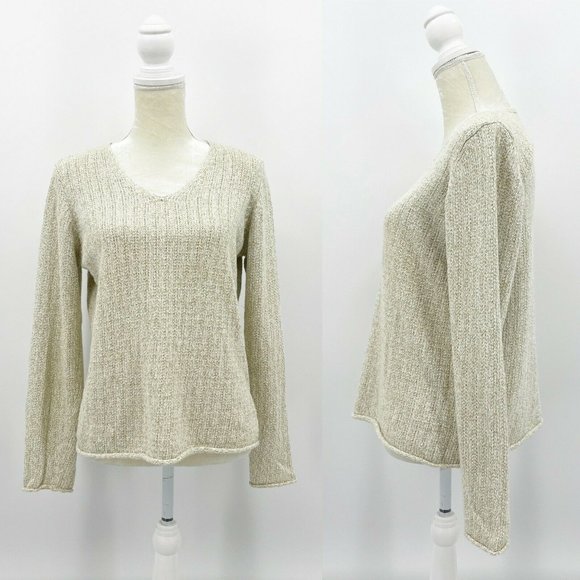Eileen Fisher Sweaters - Eileen Fisher Beige/ Nautral Marled Knit V Neck Cotton Blend Sweater